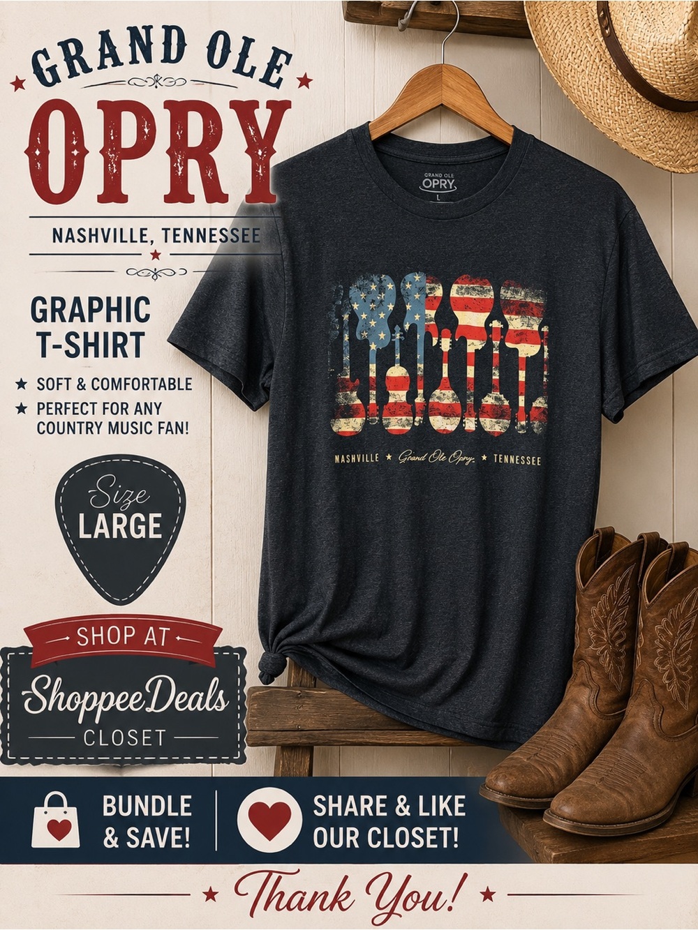 Grand Ole Opry Nashville Tennessee Graphic T-Shirt | American Flag Guitar Print
